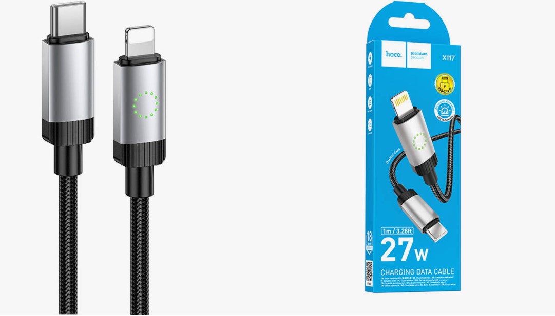 Дата-кабель универ. PD Type-C - lightning USB/Iphone 1м, нейлоновая оплетка, черный HOCO X117 2520